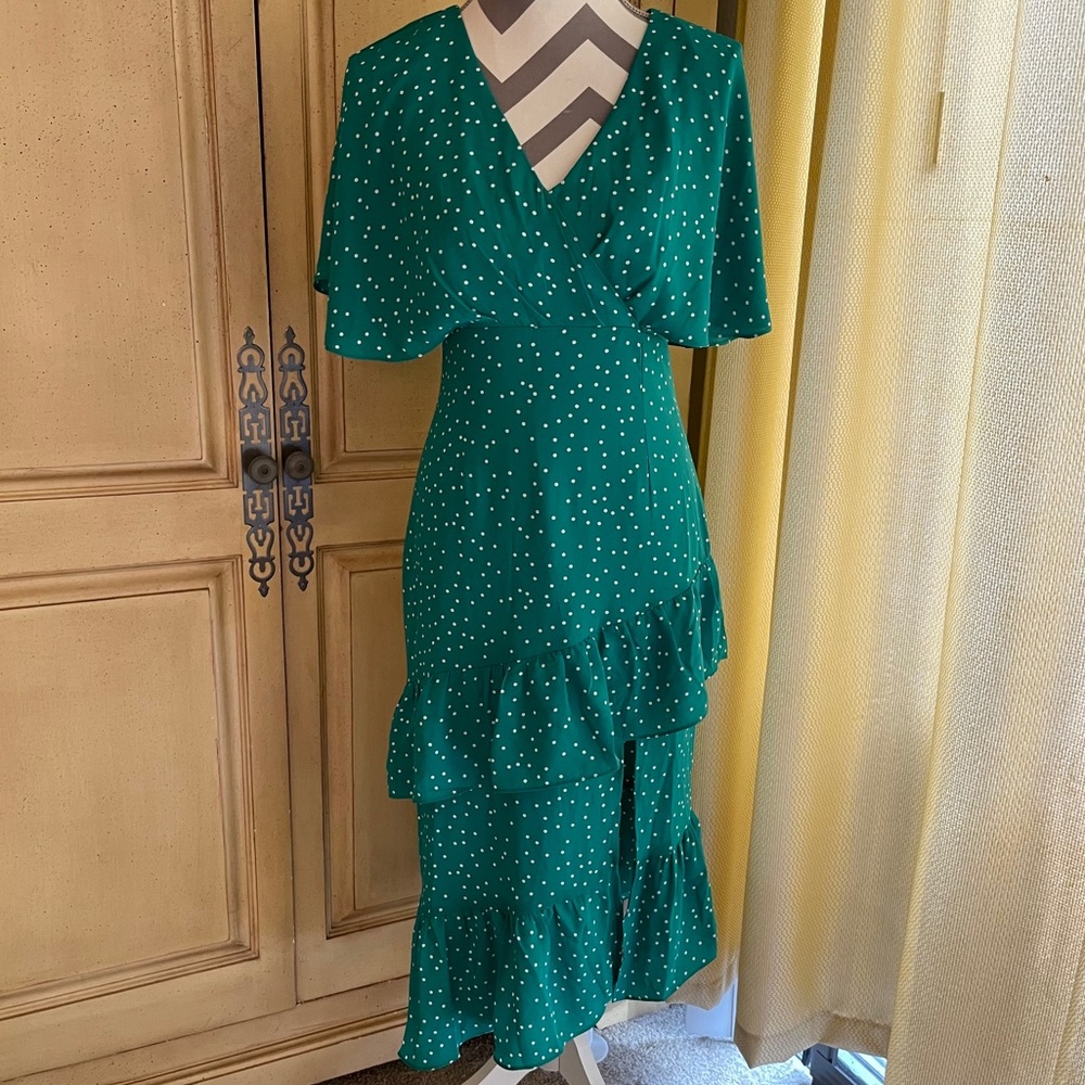 BB Dakota Green Polka Dot Midi Ruffle Dress